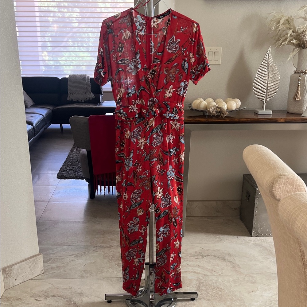 Zara Red Floral Jumpsuit